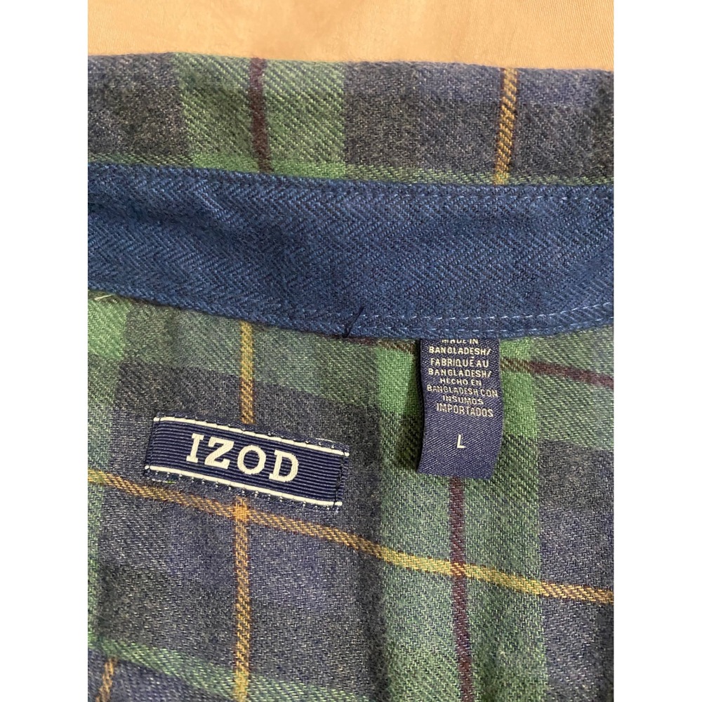 IZOD Mens Flannel Shirt L Blue Green Plaid Long Sleeve Button Down Cotton Blend - Picture 4 of 10